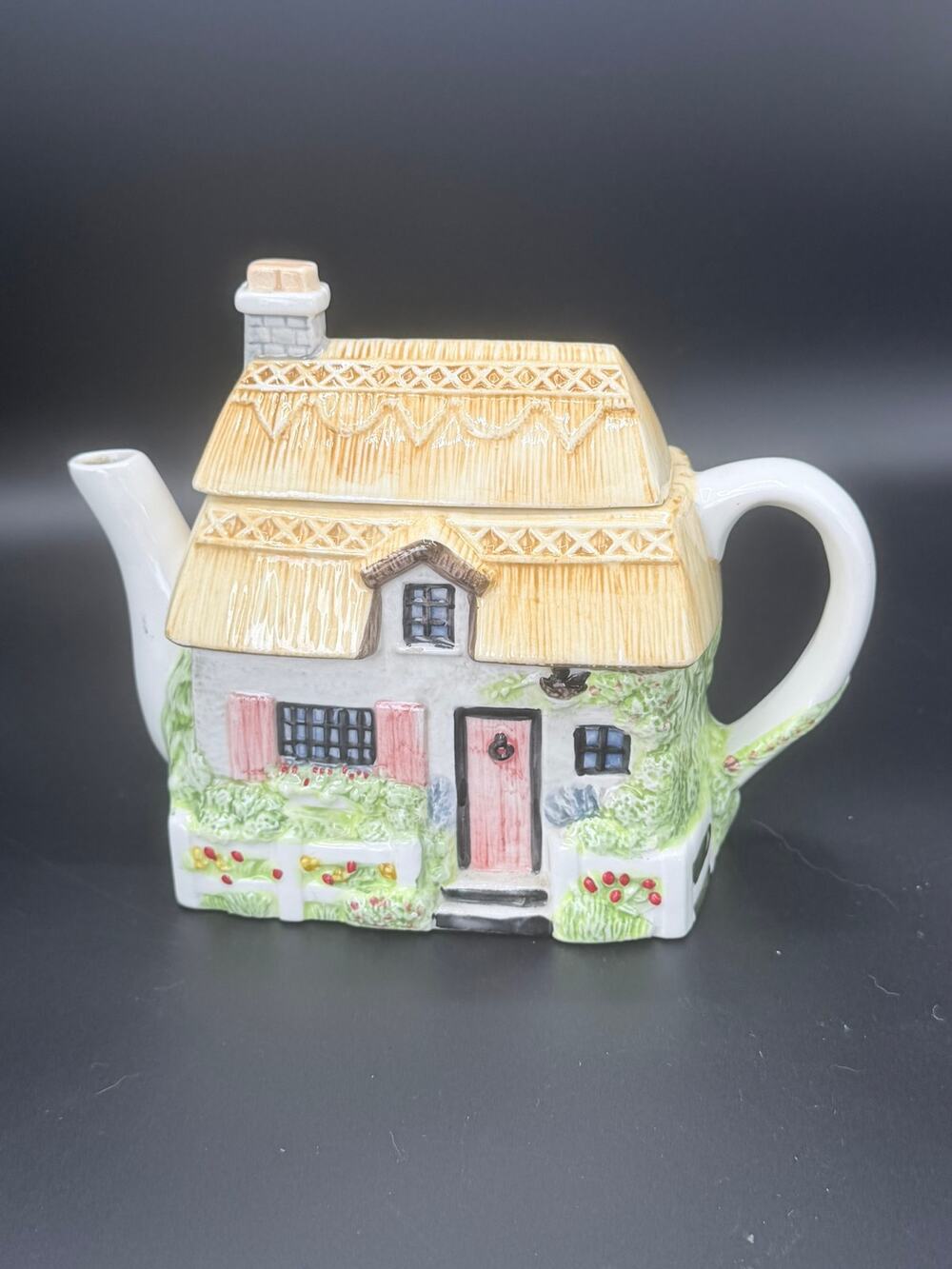 Vintage OCI Nantucket Cottage House Ceramic Teapot Thatched Roof Lid